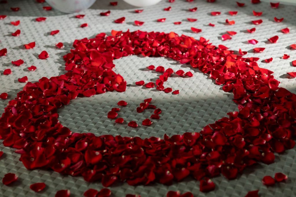 Heart shape made from red rose petals on a textured white surface. Perfect for romantic occasions.